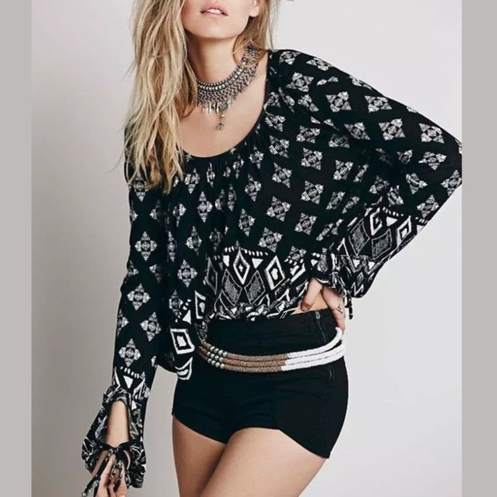 Free People Black and White Geometric Long Sleeve Crop Top